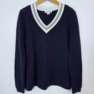 Liz Claiborne 100% Cotton Varsity V-Neck Sweater XL Navy Preppy Tennis Knit